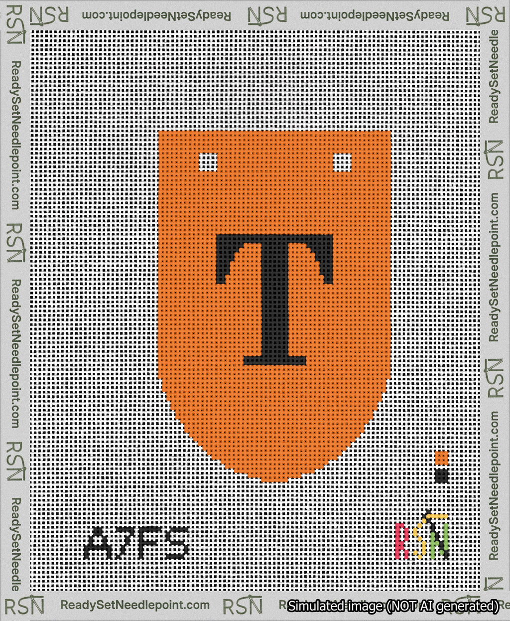 A taped needlepoint canvas with the design: Banner 13 mesh count Rounded T Black on Orange.