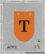 A taped needlepoint canvas with the design: Banner 13 mesh count Rounded T Black on Orange.