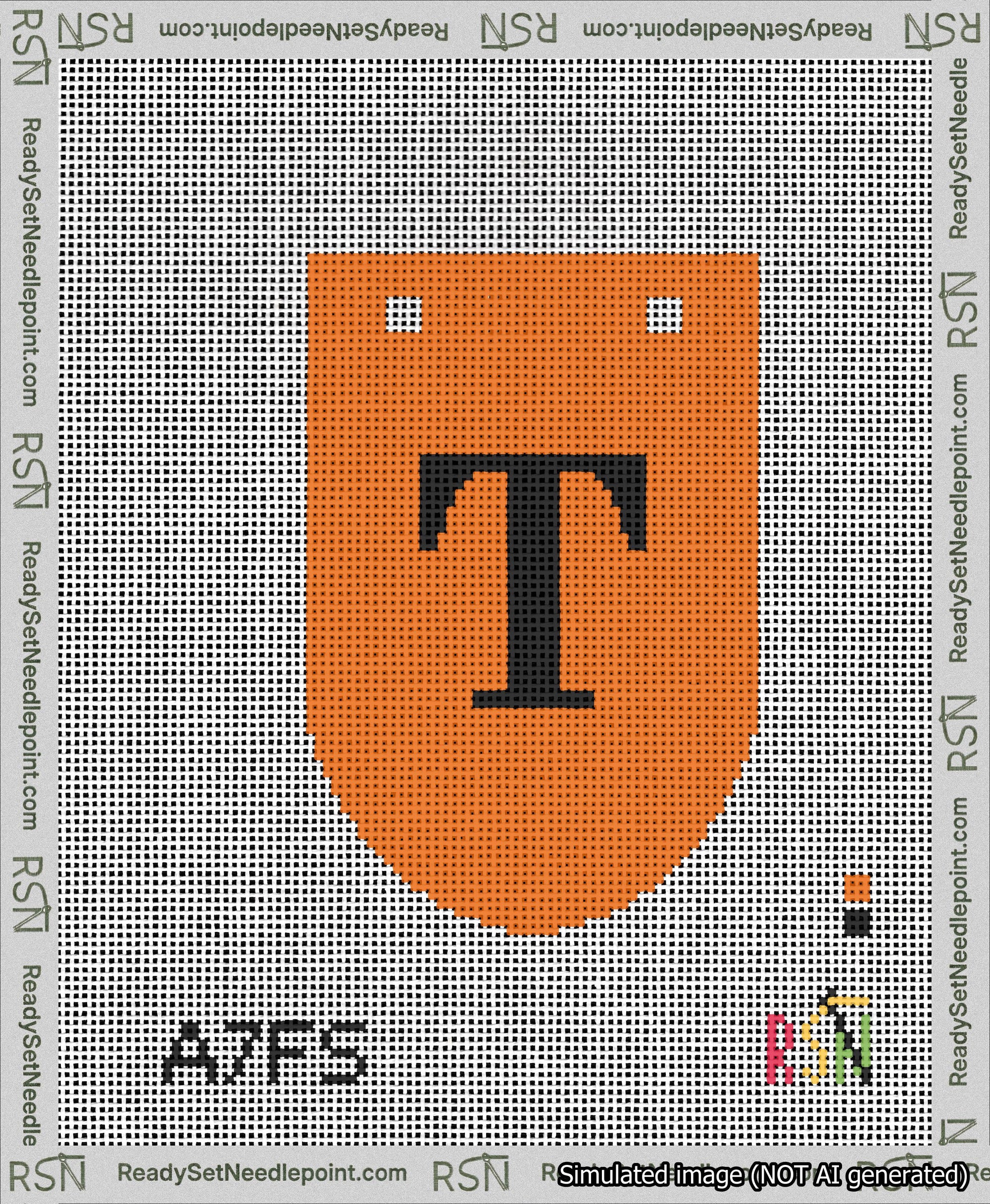 A taped needlepoint canvas with the design: Banner 13 mesh count Rounded T Black on Orange.