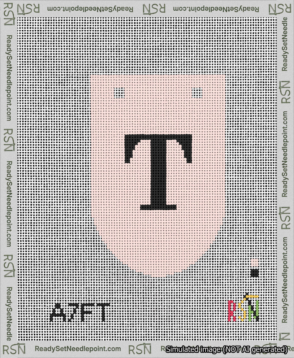 A taped needlepoint canvas with the design: Banner 13 mesh count Rounded T Black on Pink.
