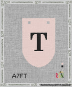 A taped needlepoint canvas with the design: Banner 13 mesh count Rounded T Black on Pink.