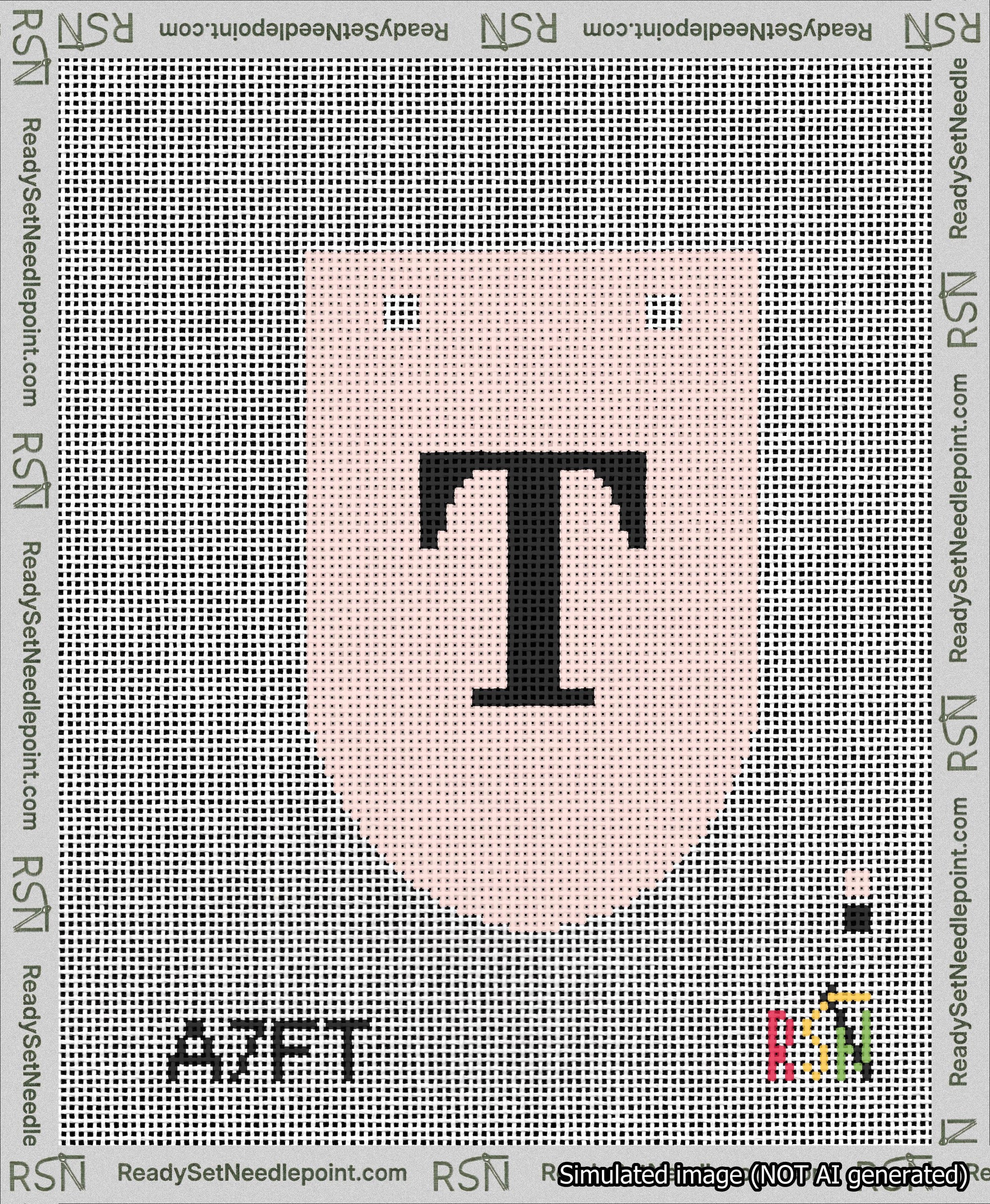 A taped needlepoint canvas with the design: Banner 13 mesh count Rounded T Black on Pink.