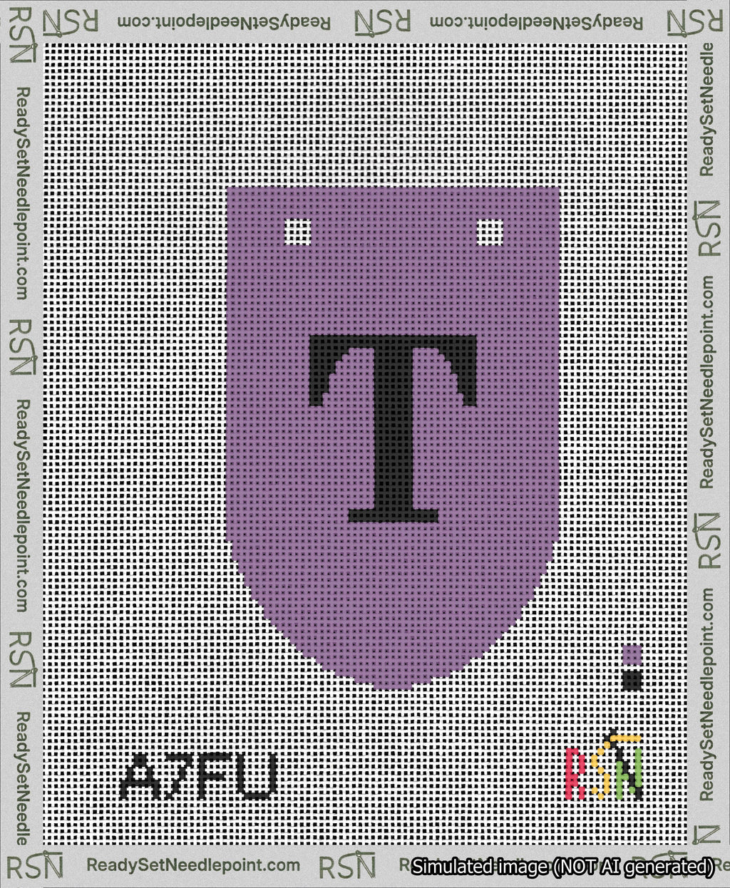 A taped needlepoint canvas with the design: Banner 13 mesh count Rounded T Black on Purple.