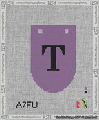 A taped needlepoint canvas with the design: Banner 13 mesh count Rounded T Black on Purple.