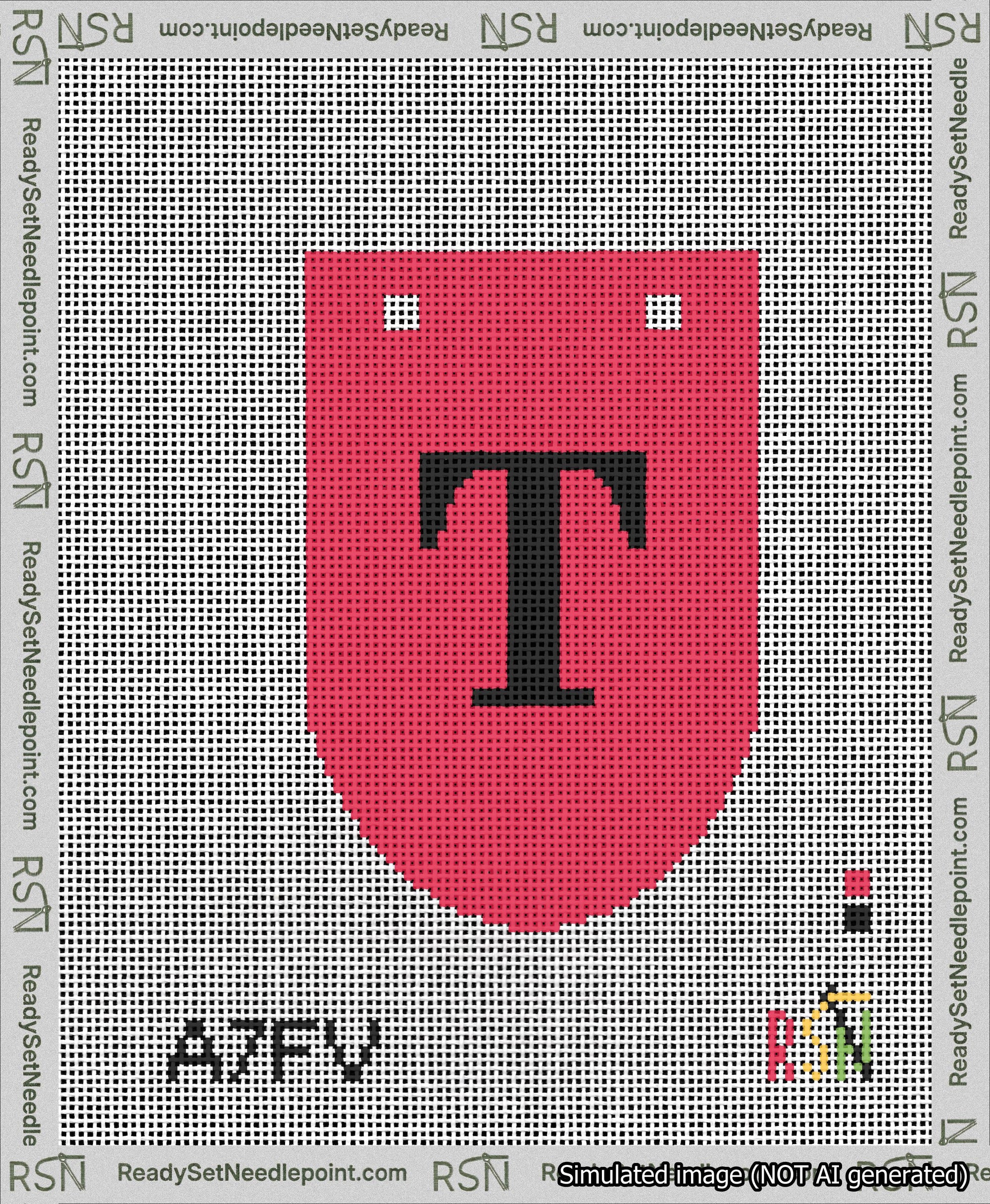 A taped needlepoint canvas with the design: Banner 13 mesh count Rounded T Black on Red.