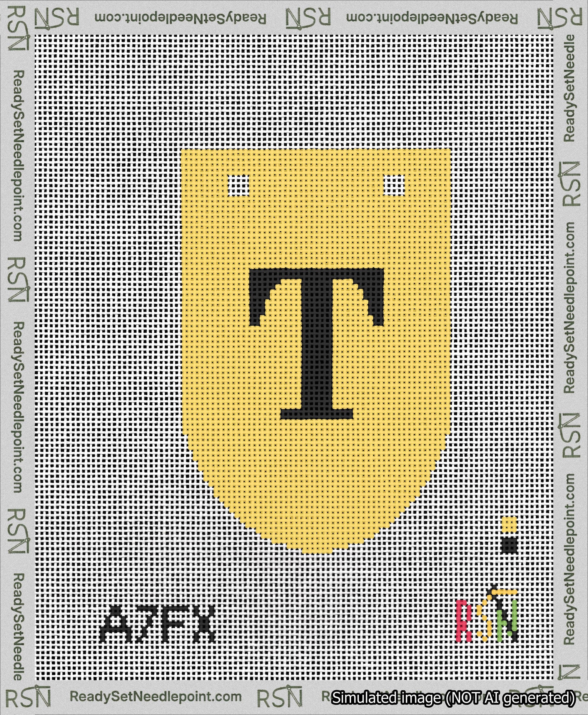 A taped needlepoint canvas with the design: Banner 13 mesh count Rounded T Black on Yellow.