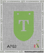 A taped needlepoint canvas with the design: Banner 13 mesh count Rounded T White on Light Green.