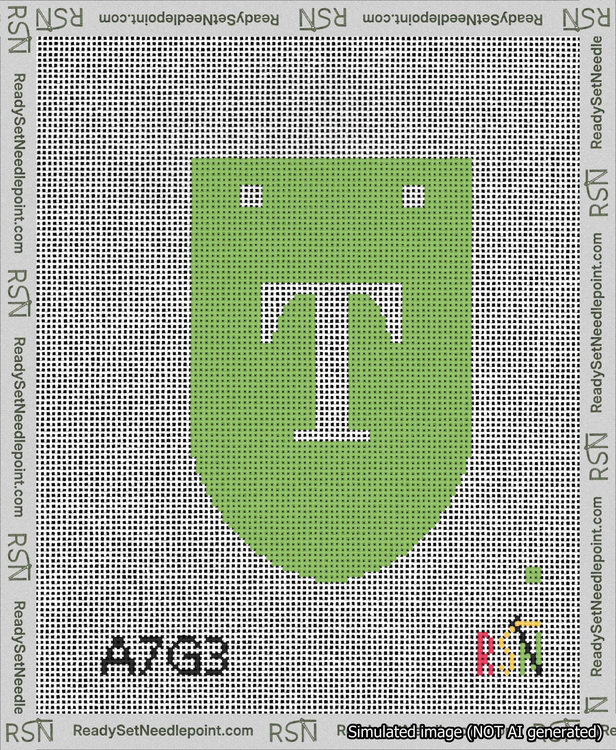 A taped needlepoint canvas with the design: Banner 13 mesh count Rounded T White on Light Green.