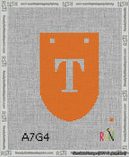 A taped needlepoint canvas with the design: Banner 13 mesh count Rounded T White on Orange.
