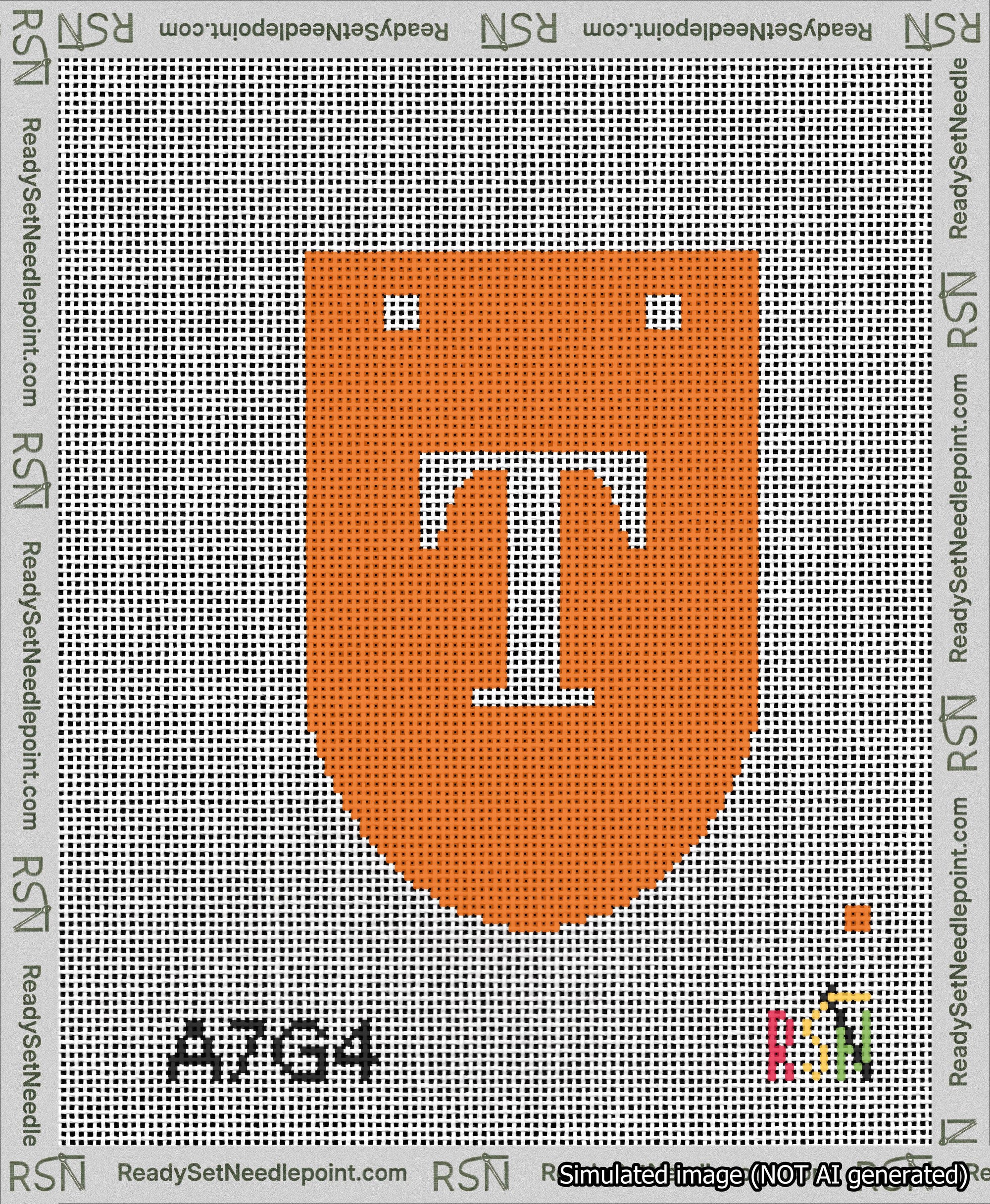 A taped needlepoint canvas with the design: Banner 13 mesh count Rounded T White on Orange.