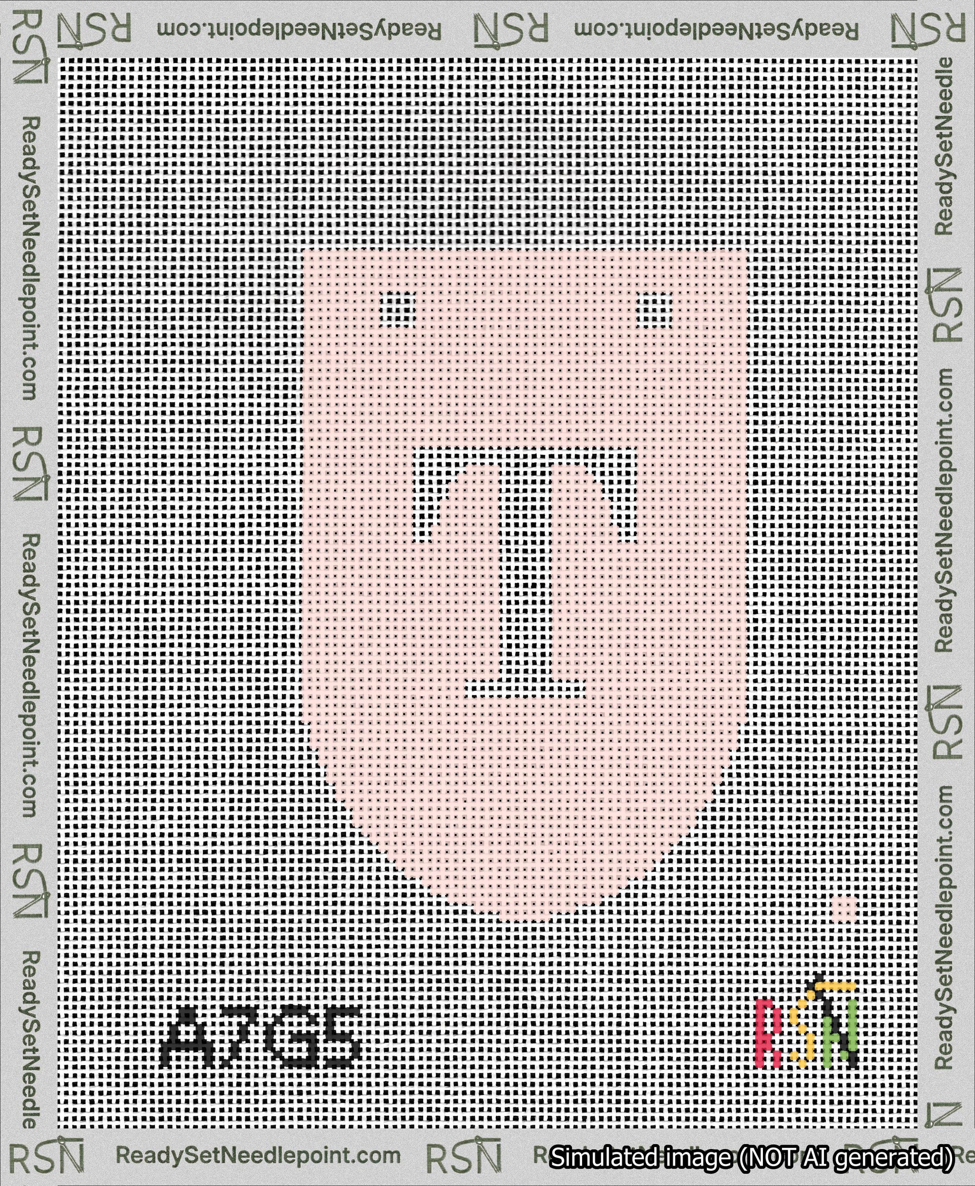 A taped needlepoint canvas with the design: Banner 13 mesh count Rounded T White on Pink.