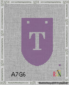 A taped needlepoint canvas with the design: Banner 13 mesh count Rounded T White on Purple.