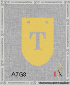 A taped needlepoint canvas with the design: Banner 13 mesh count Rounded T White on Yellow.