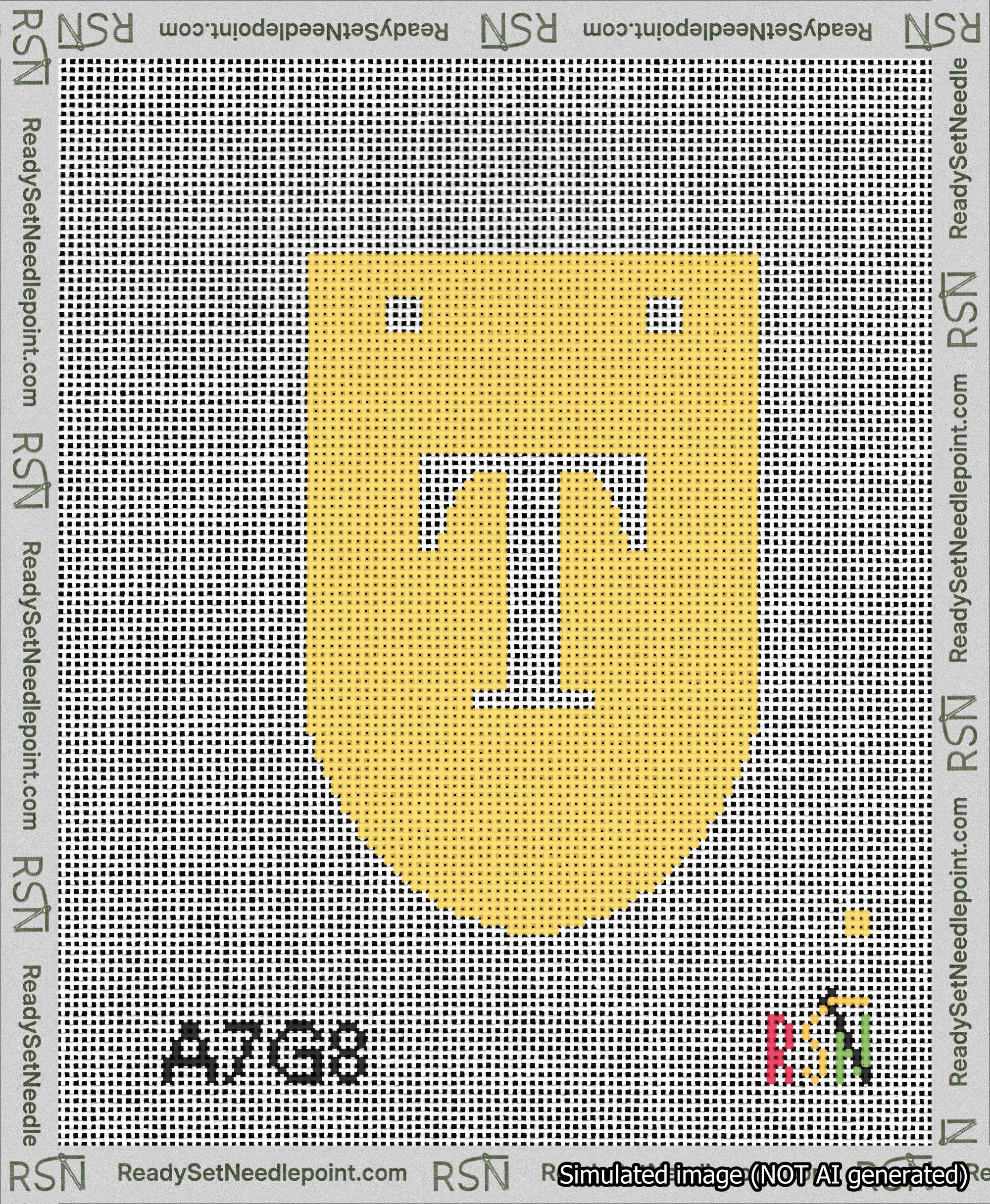 A taped needlepoint canvas with the design: Banner 13 mesh count Rounded T White on Yellow.