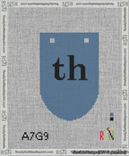 A taped needlepoint canvas with the design: Banner 13 mesh count Rounded th Black on Blue.