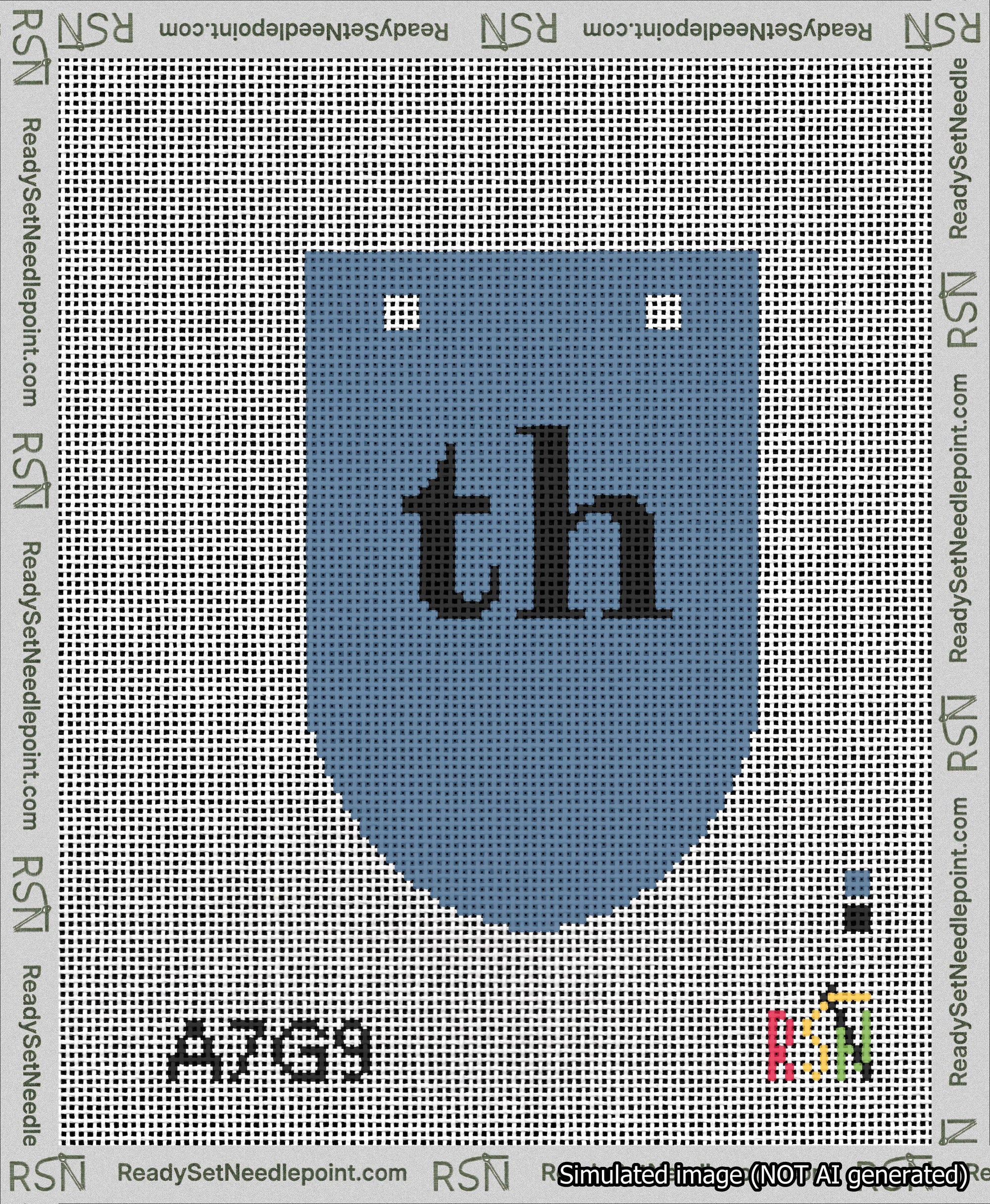 A taped needlepoint canvas with the design: Banner 13 mesh count Rounded th Black on Blue.