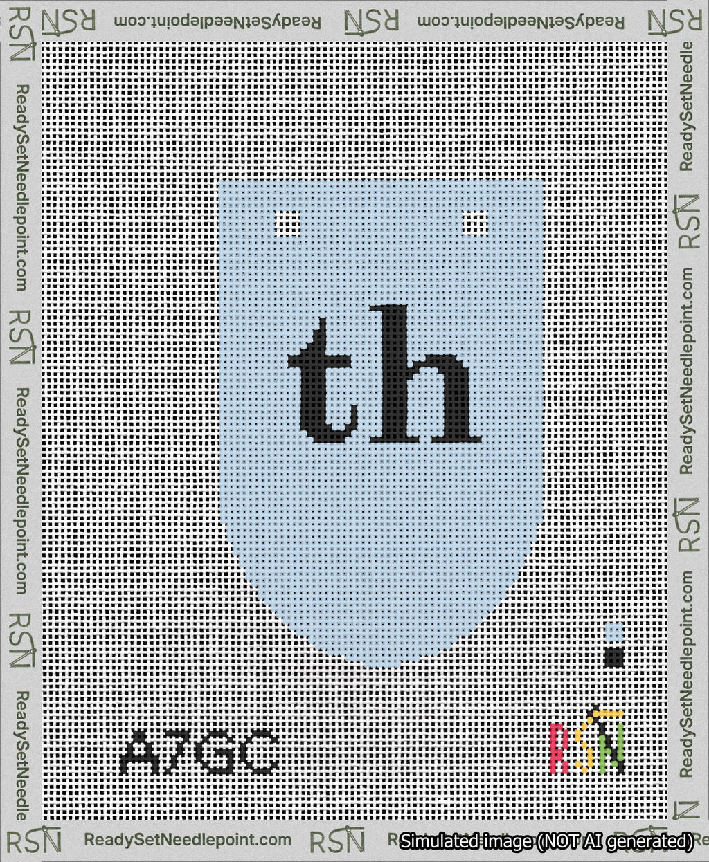 A taped needlepoint canvas with the design: Banner 13 mesh count Rounded th Black on Light Blue.