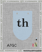 A taped needlepoint canvas with the design: Banner 13 mesh count Rounded th Black on Light Blue.