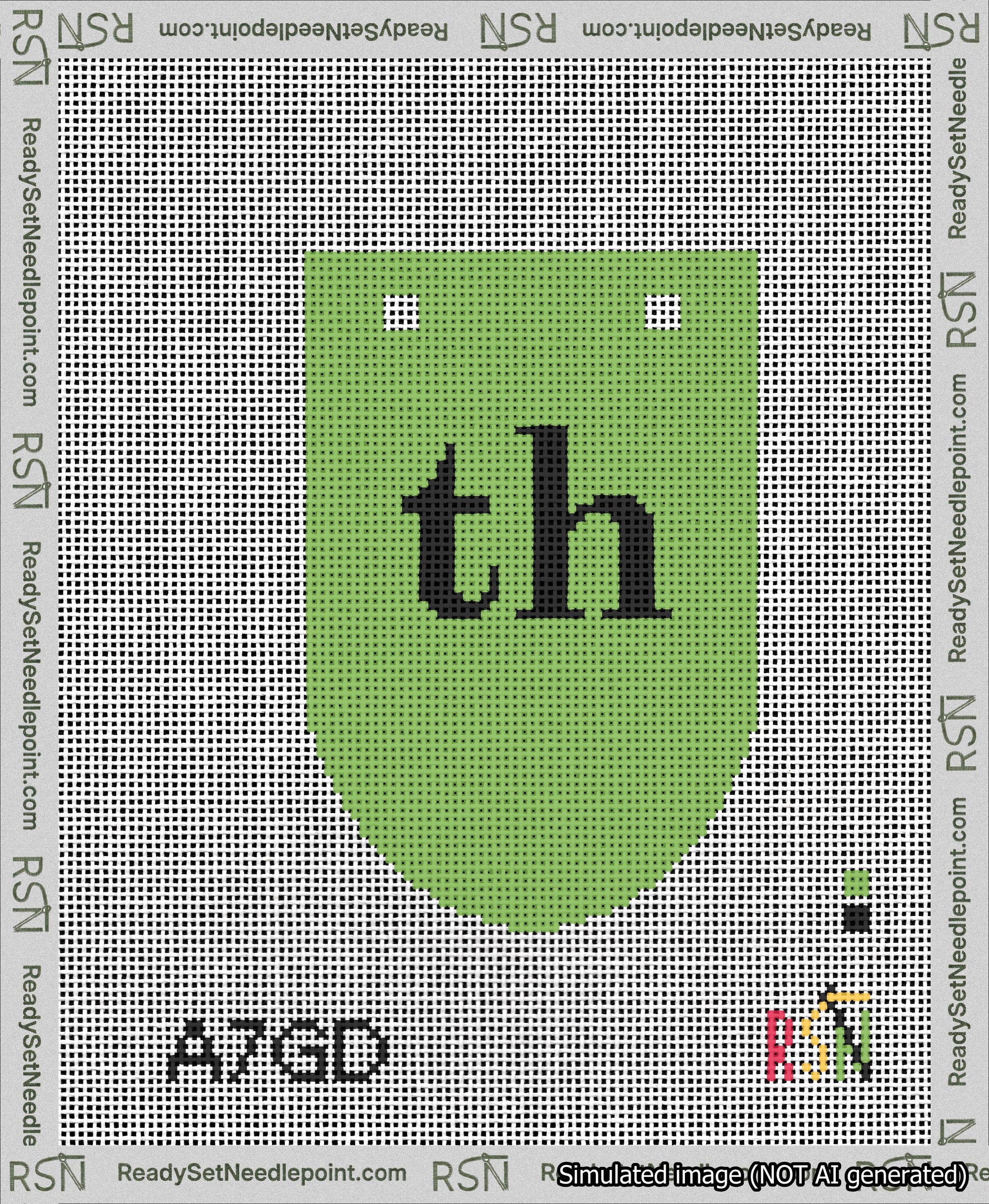 A taped needlepoint canvas with the design: Banner 13 mesh count Rounded th Black on Light Green.
