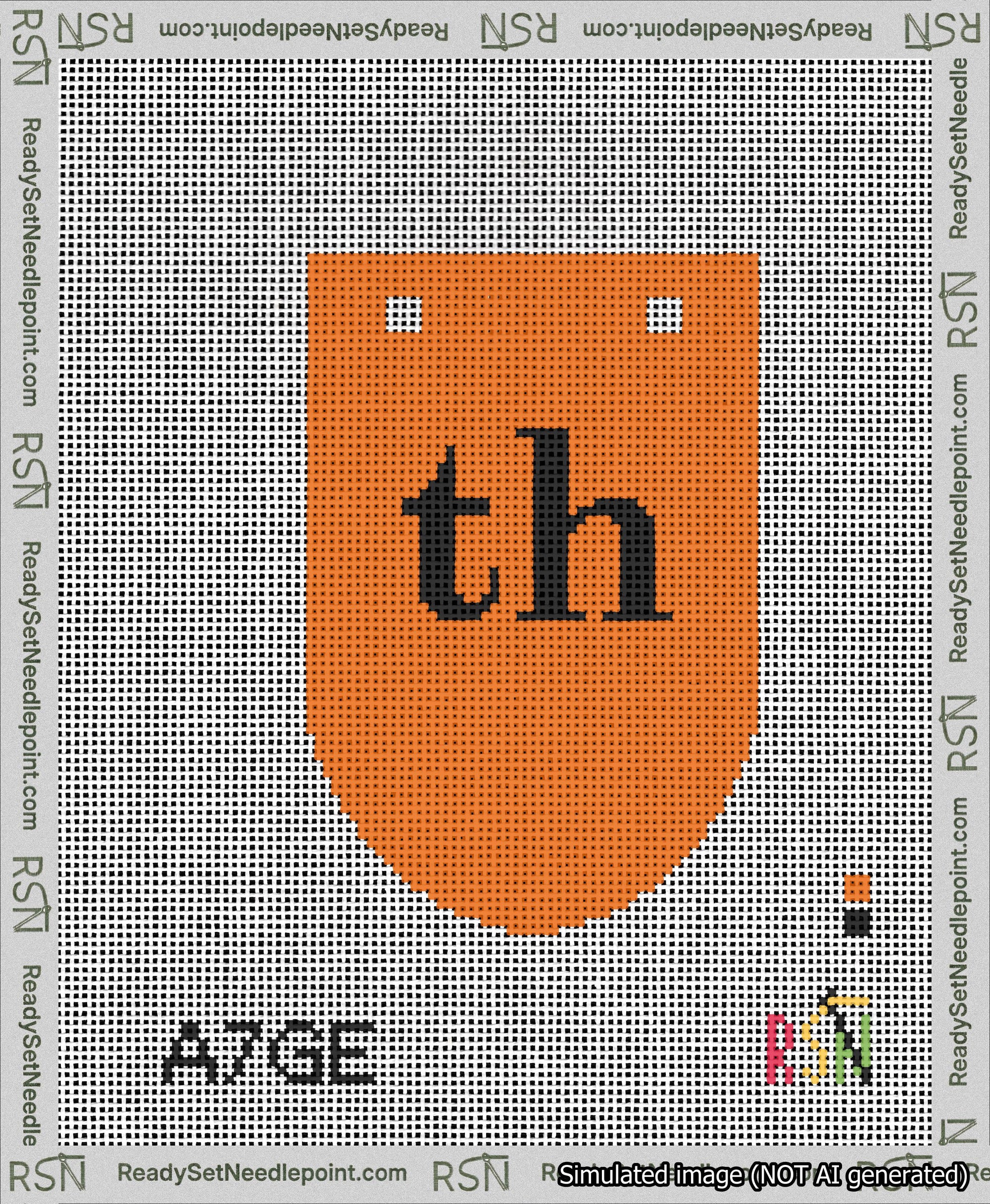 A taped needlepoint canvas with the design: Banner 13 mesh count Rounded th Black on Orange.