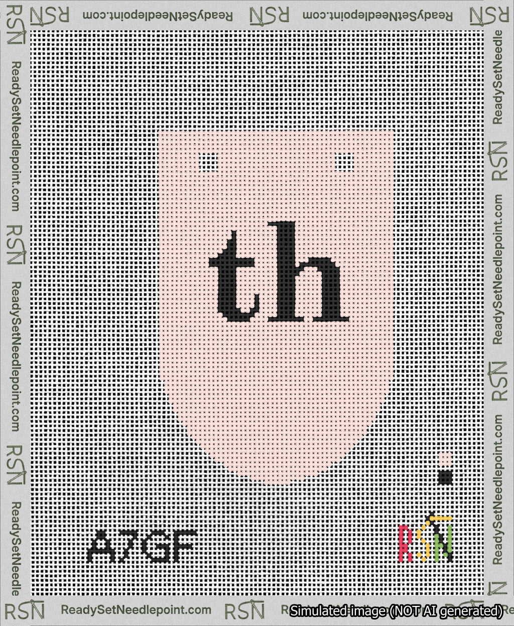 A taped needlepoint canvas with the design: Banner 13 mesh count Rounded th Black on Pink.