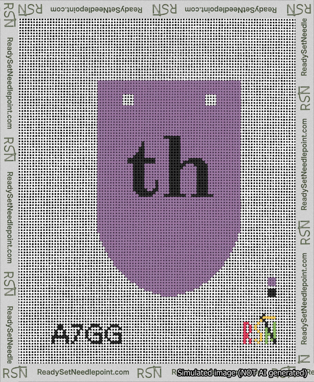 A taped needlepoint canvas with the design: Banner 13 mesh count Rounded th Black on Purple.