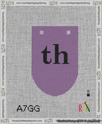 A taped needlepoint canvas with the design: Banner 13 mesh count Rounded th Black on Purple.