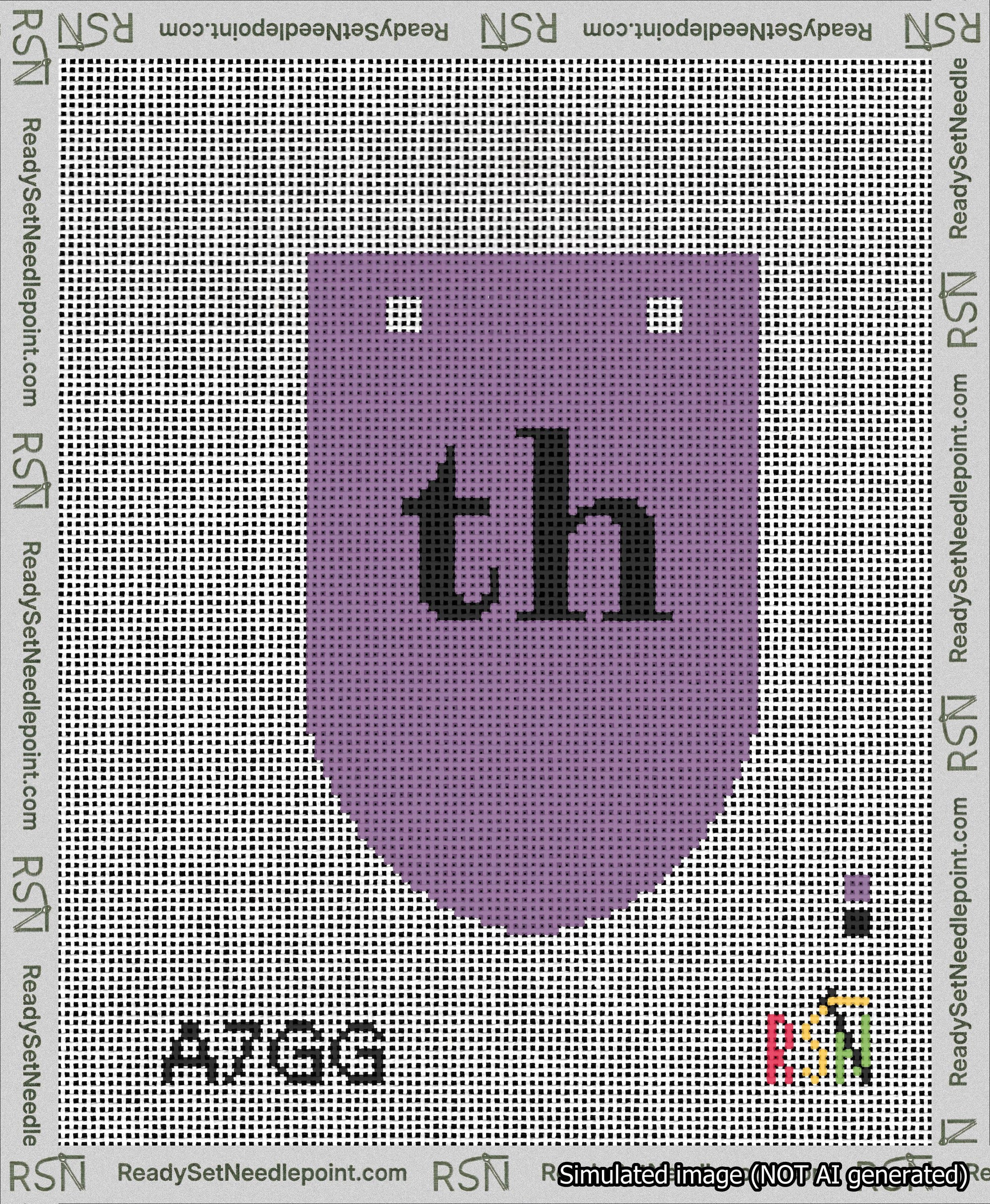 A taped needlepoint canvas with the design: Banner 13 mesh count Rounded th Black on Purple.