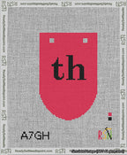 A taped needlepoint canvas with the design: Banner 13 mesh count Rounded th Black on Red.