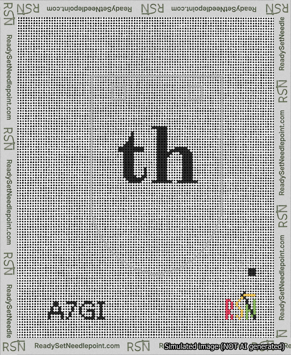 A taped needlepoint canvas with the design: Banner 13 mesh count Rounded th Black on White.