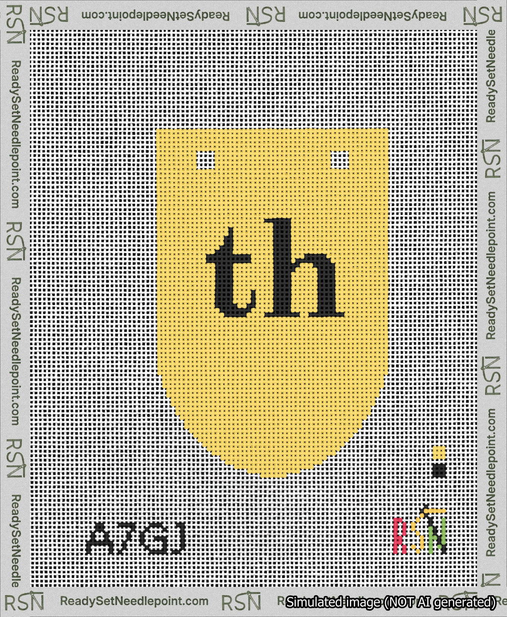 A taped needlepoint canvas with the design: Banner 13 mesh count Rounded th Black on Yellow.