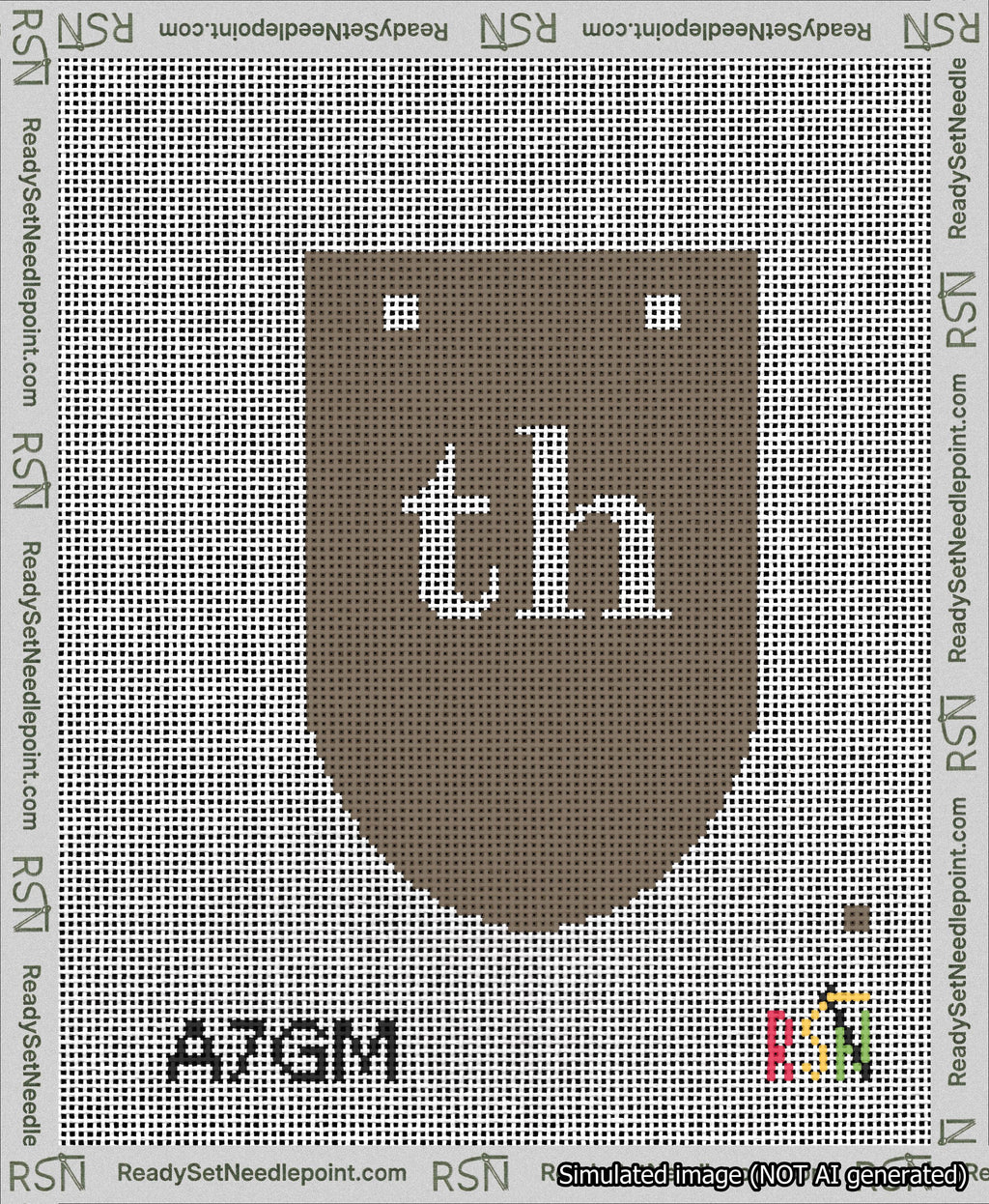 A taped needlepoint canvas with the design: Banner 13 mesh count Rounded th White on Brown.