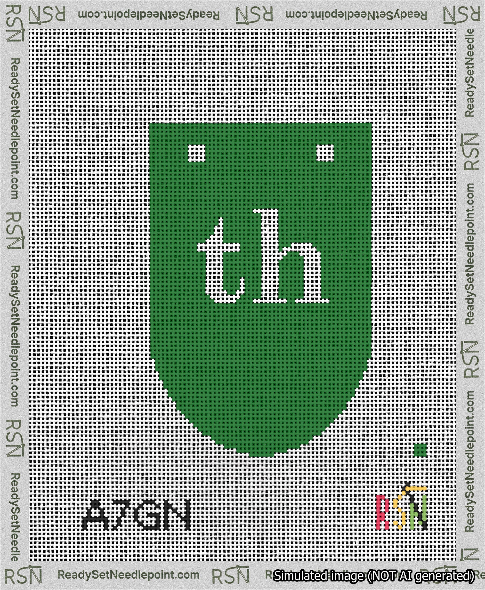 A taped needlepoint canvas with the design: Banner 13 mesh count Rounded th White on Green.