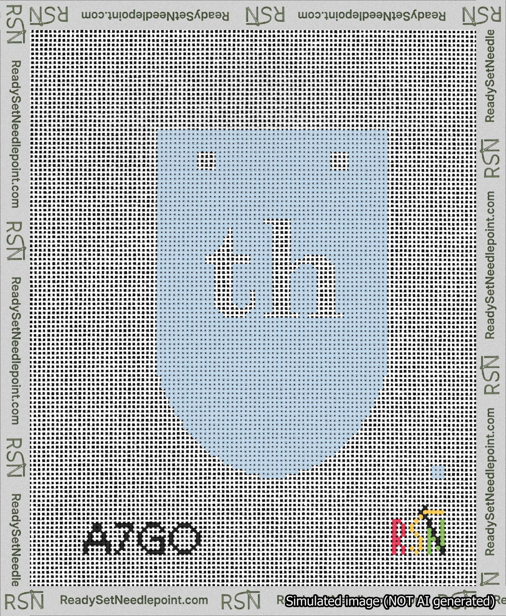 A taped needlepoint canvas with the design: Banner 13 mesh count Rounded th White on Light Blue.