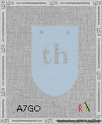A taped needlepoint canvas with the design: Banner 13 mesh count Rounded th White on Light Blue.