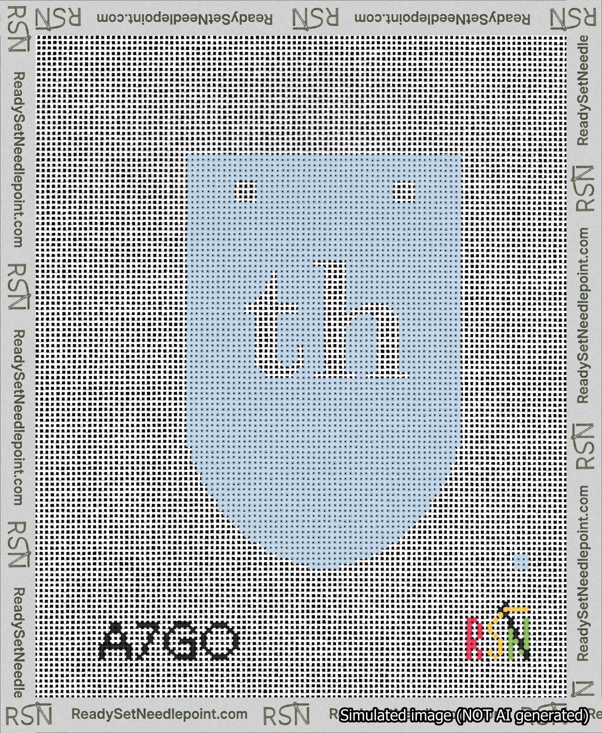 A taped needlepoint canvas with the design: Banner 13 mesh count Rounded th White on Light Blue.