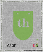 A taped needlepoint canvas with the design: Banner 13 mesh count Rounded th White on Light Green.