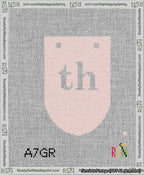A taped needlepoint canvas with the design: Banner 13 mesh count Rounded th White on Pink.
