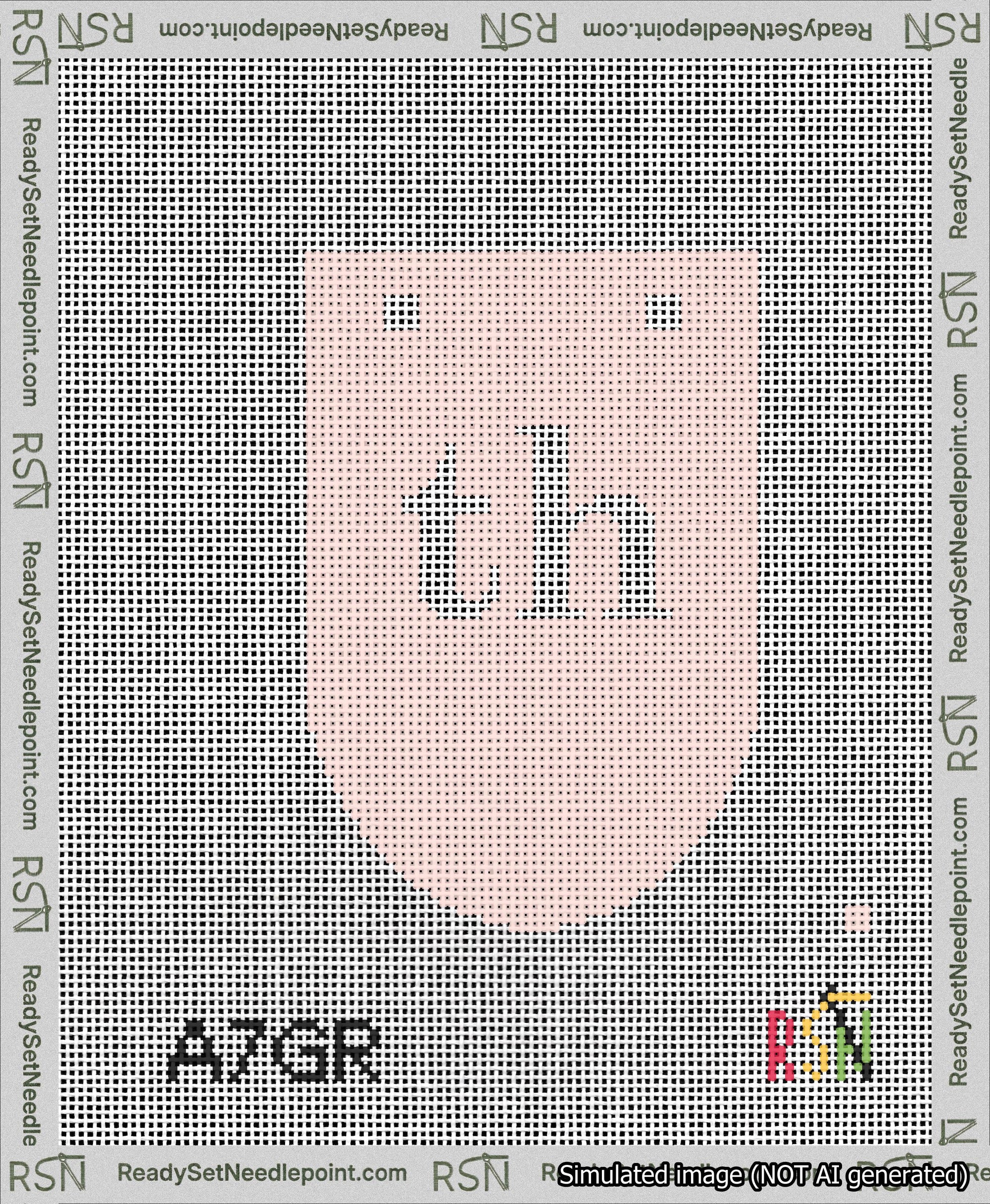 A taped needlepoint canvas with the design: Banner 13 mesh count Rounded th White on Pink.