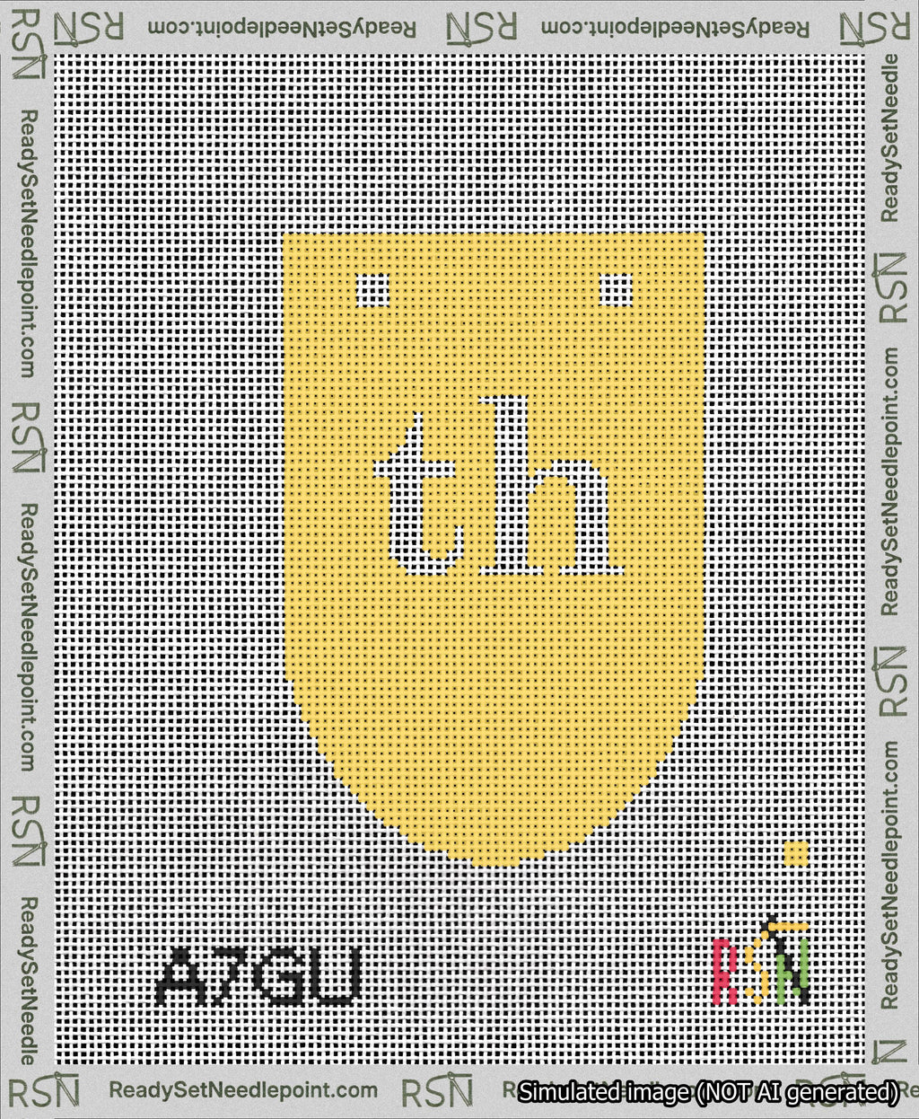 A taped needlepoint canvas with the design: Banner 13 mesh count Rounded th White on Yellow.