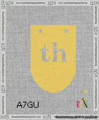 A taped needlepoint canvas with the design: Banner 13 mesh count Rounded th White on Yellow.