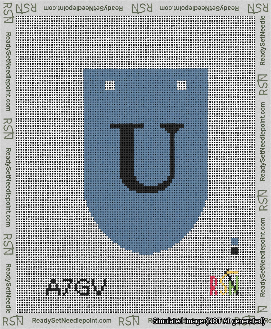 A taped needlepoint canvas with the design: Banner 13 mesh count Rounded U Black on Blue.