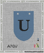 A taped needlepoint canvas with the design: Banner 13 mesh count Rounded U Black on Blue.