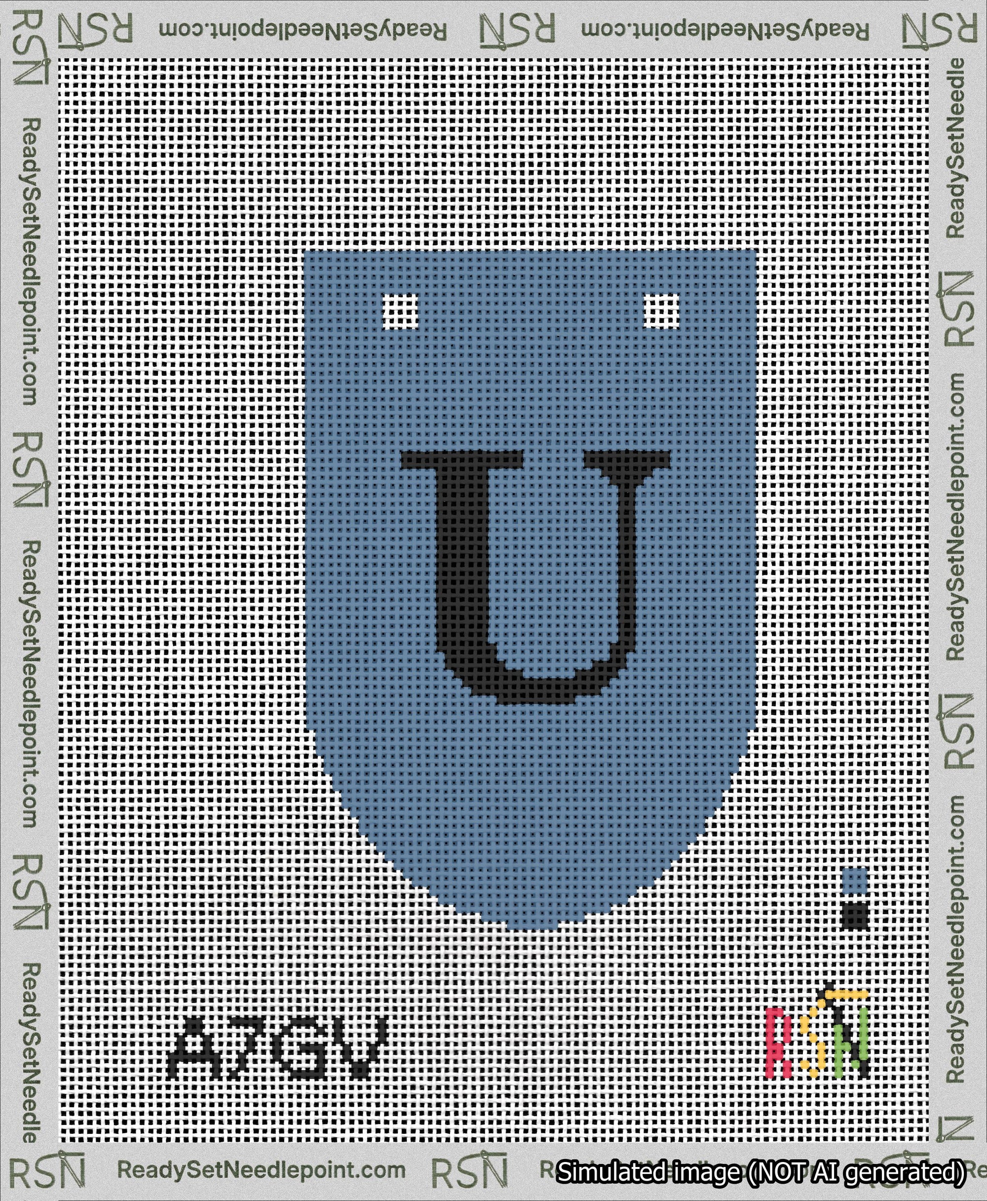 A taped needlepoint canvas with the design: Banner 13 mesh count Rounded U Black on Blue.