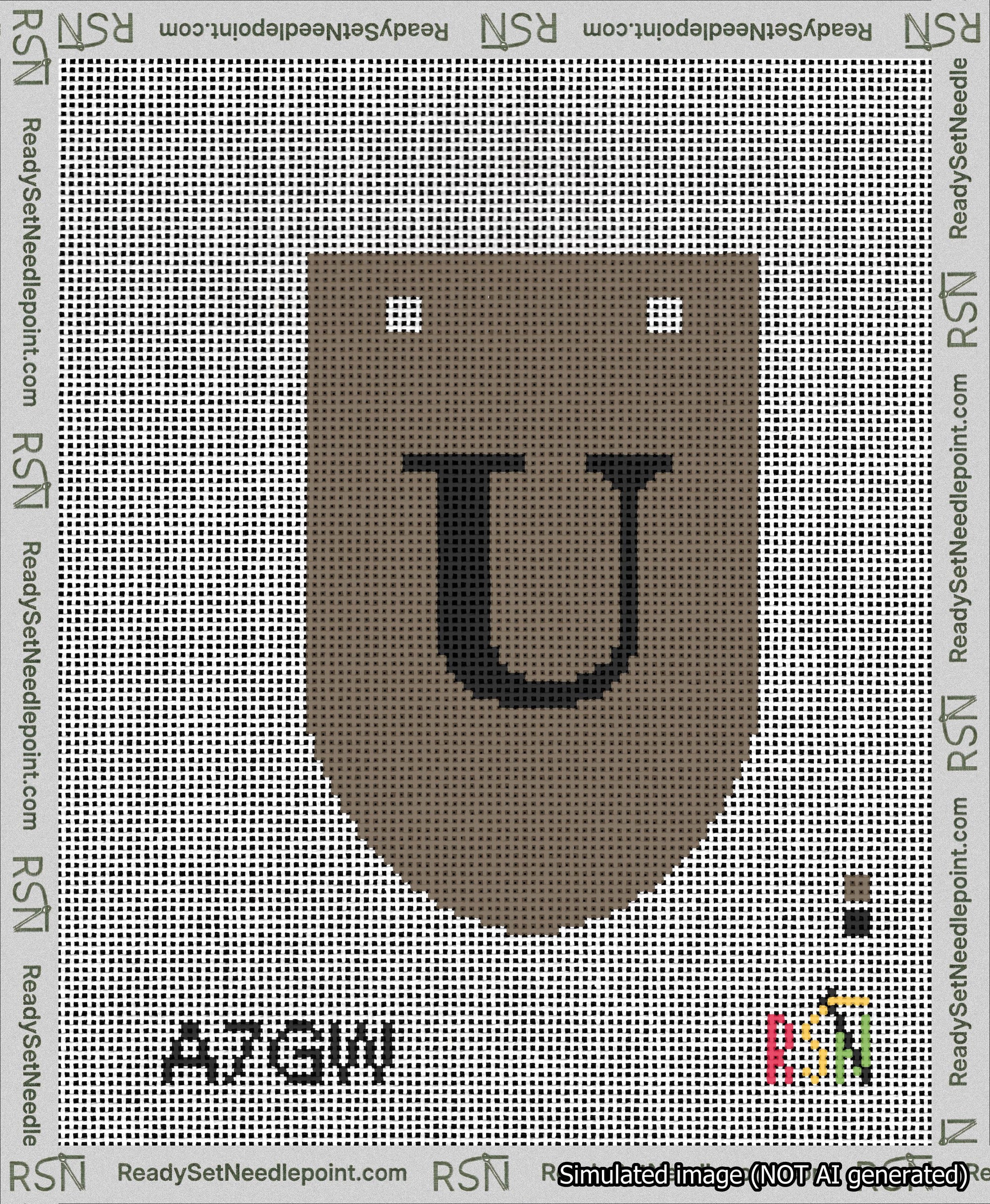 A taped needlepoint canvas with the design: Banner 13 mesh count Rounded U Black on Brown.
