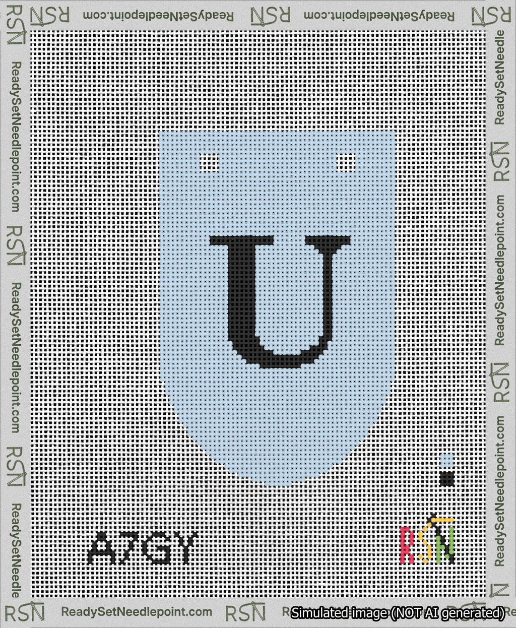 A taped needlepoint canvas with the design: Banner 13 mesh count Rounded U Black on Light Blue.