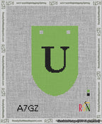 A taped needlepoint canvas with the design: Banner 13 mesh count Rounded U Black on Light Green.