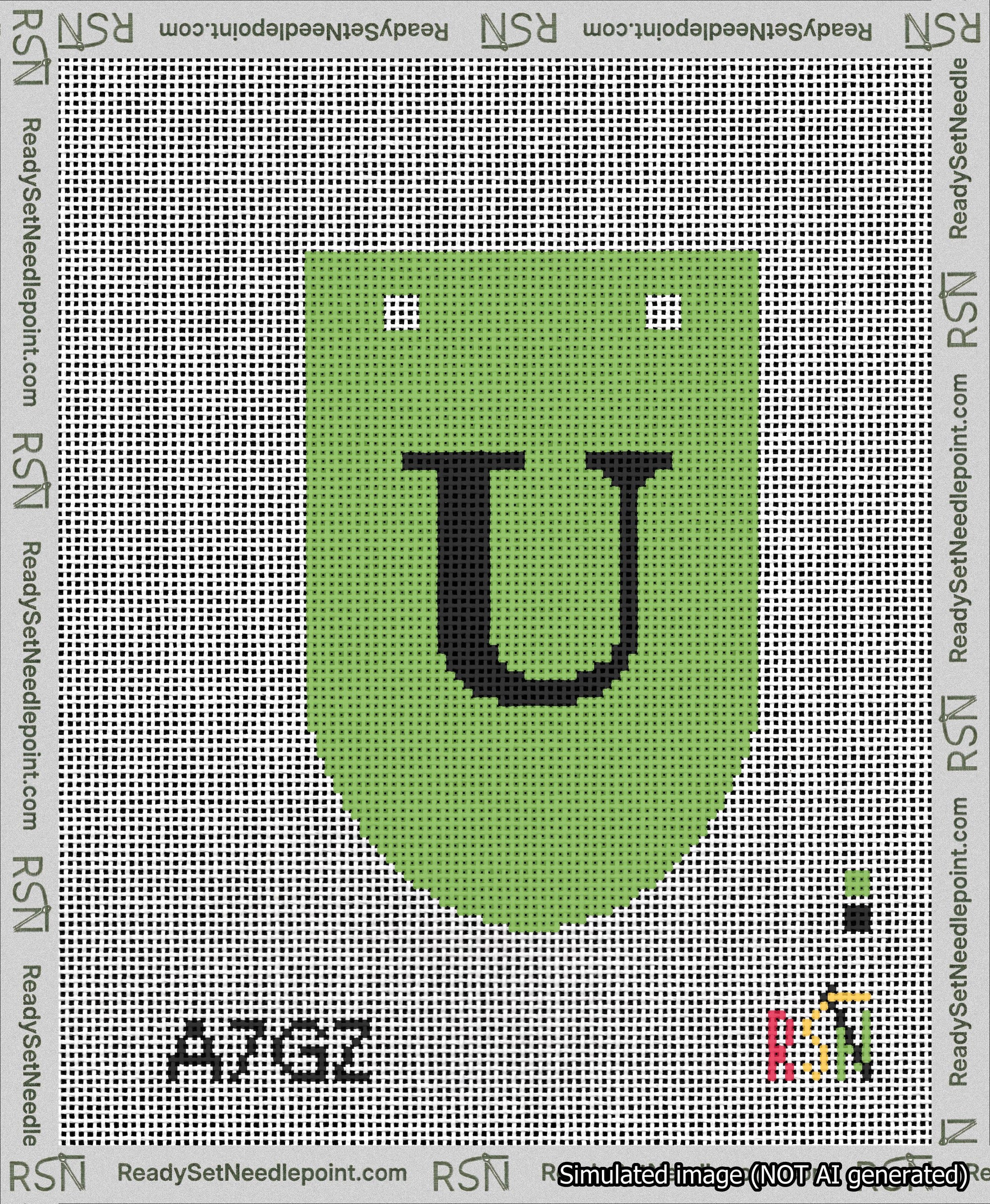 A taped needlepoint canvas with the design: Banner 13 mesh count Rounded U Black on Light Green.