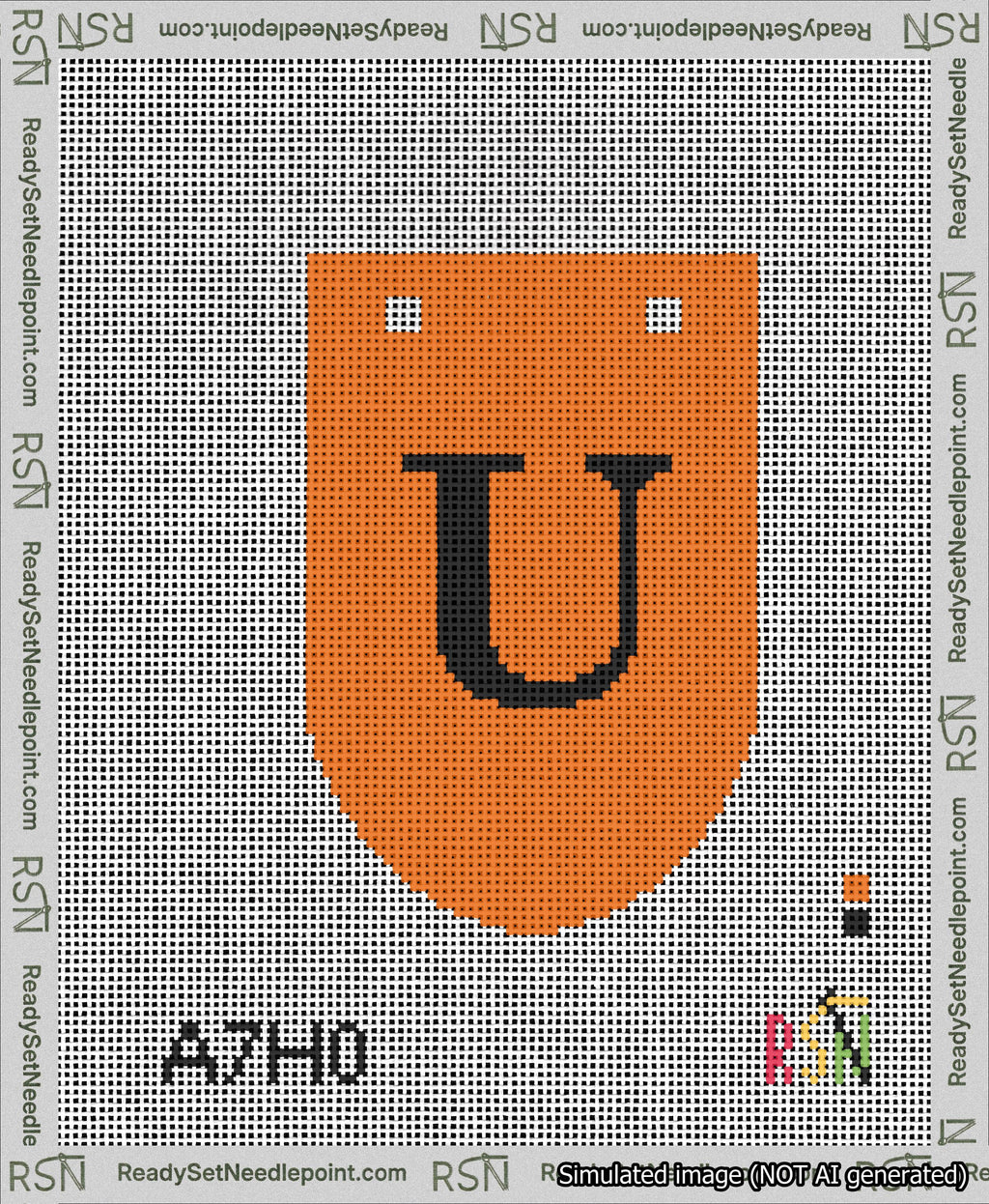 A taped needlepoint canvas with the design: Banner 13 mesh count Rounded U Black on Orange.