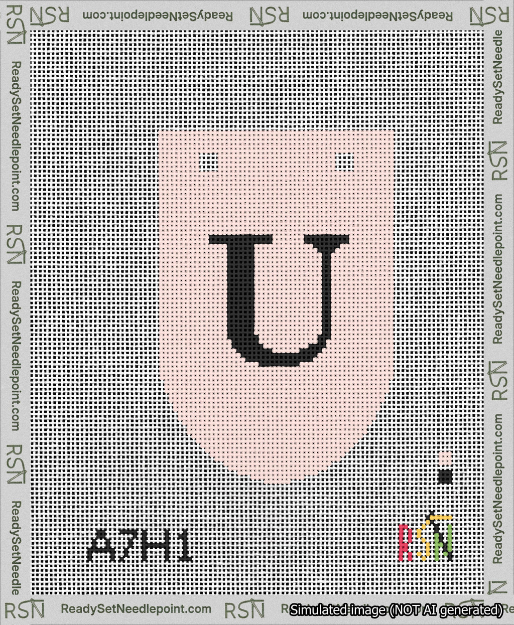 A taped needlepoint canvas with the design: Banner 13 mesh count Rounded U Black on Pink.